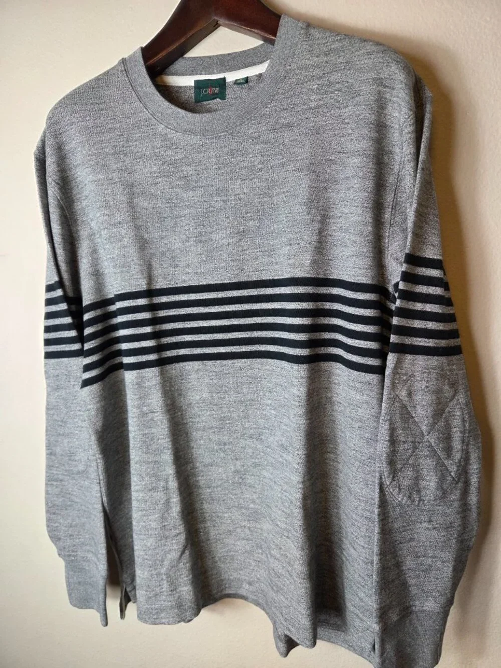J. Crew Men's 100% Cotton Sweater L Gray Black Stripe Crew Neck Elbow Patch